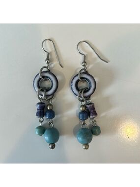 Hanging Turquoise, Blue and Purple Beaded Earrings with Silver Hardware